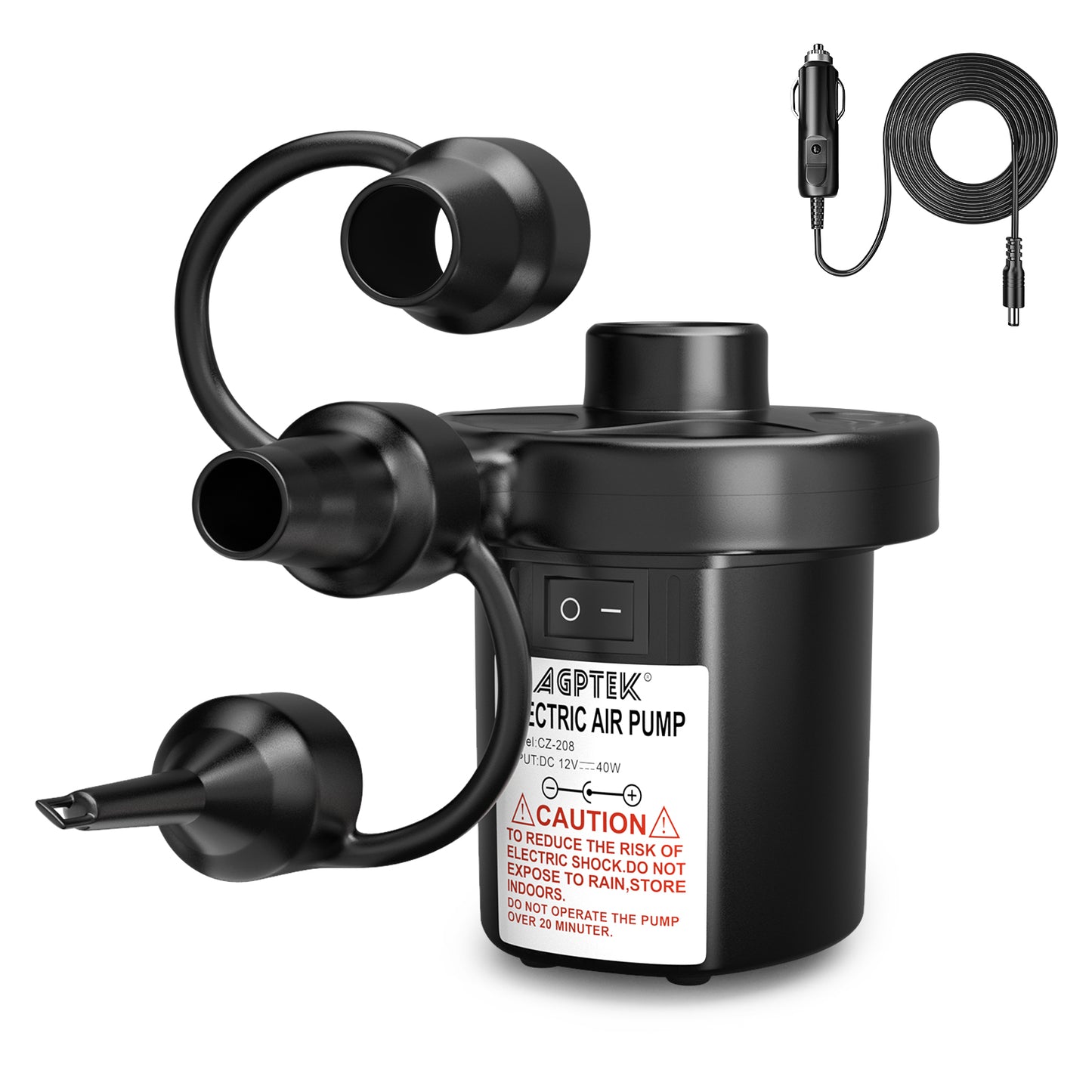 CAMULAND Air Pump, Portable Air Pump for Inflatable with 3 Nozzles, ETL Certification 12V Quick-Fill Inflator Air Pump for Air Mattress, Air Bed, Blow-Up Pool Toy Swimming Ring Car Adapter