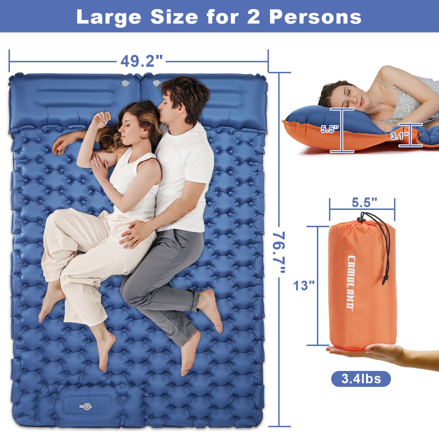 CAMULAND Camping Mattress 2 Person, Double Sleeping Pad for Camping Mat Inflatable Air Bed with Pillow Built-in Foot Pump Backpacking Hiking Traveling Gear Compact Self Inflating Visit the CAMULAND Store