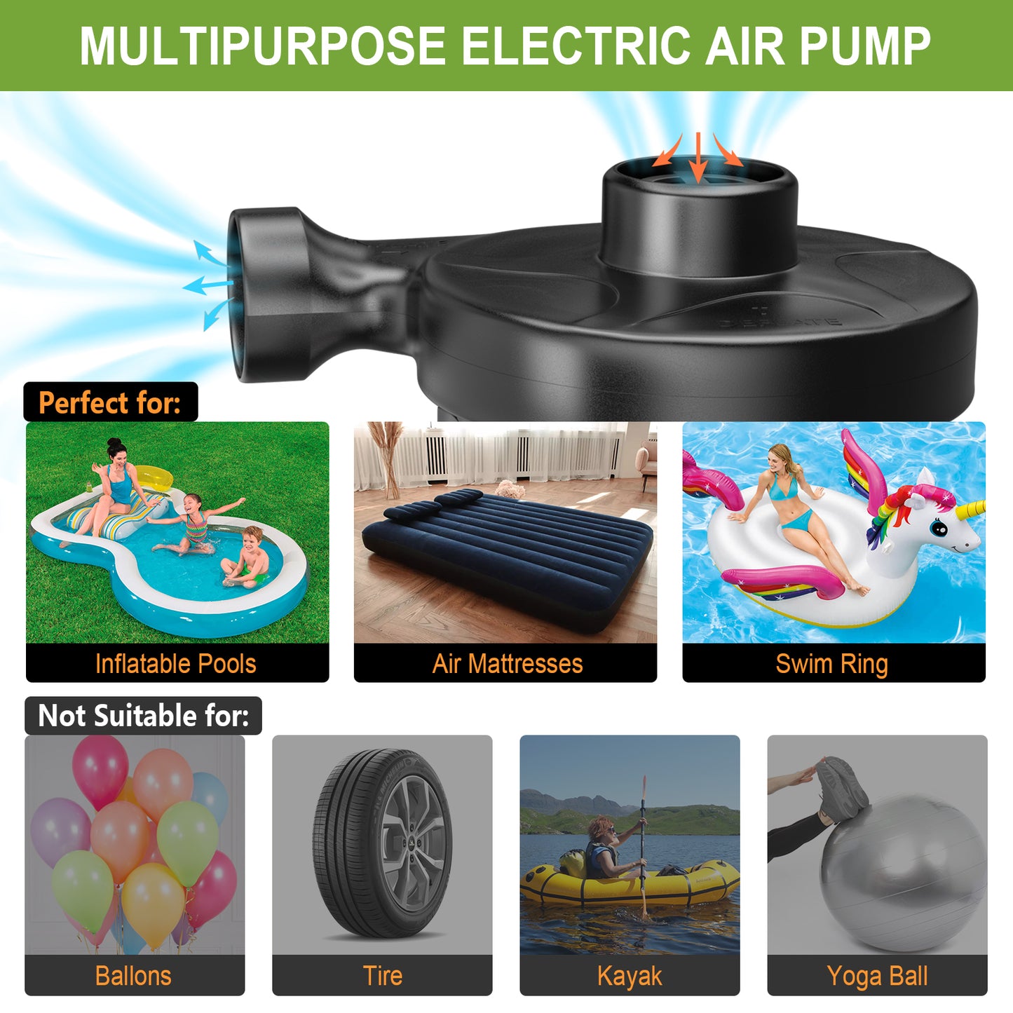 CAMULAND Air Pump, Portable Air Pump for Inflatable with 3 Nozzles, ETL Certification 12V Quick-Fill Inflator Air Pump for Air Mattress, Air Bed, Blow-Up Pool Toy Swimming Ring Car Adapter