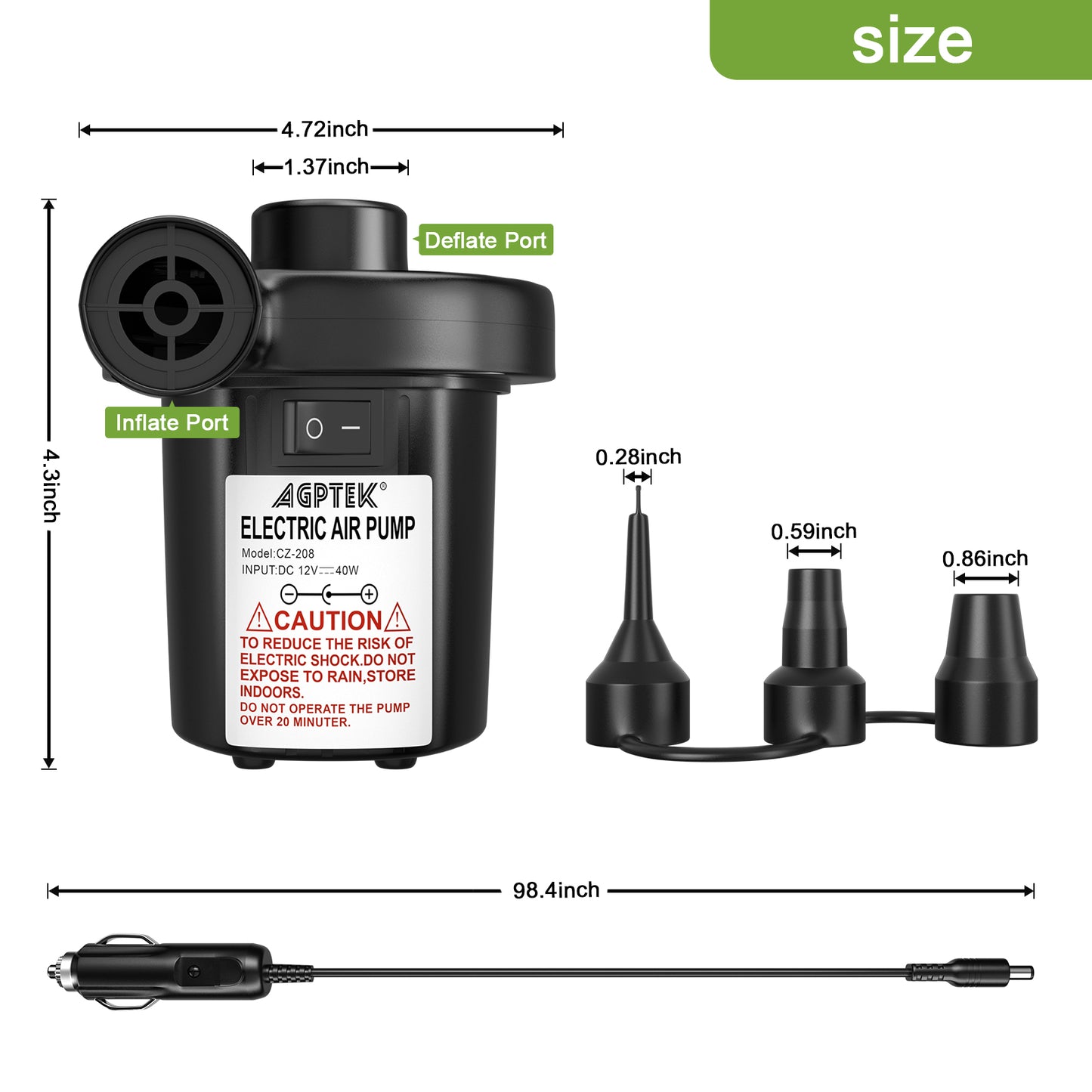 CAMULAND Air Pump, Portable Air Pump for Inflatable with 3 Nozzles, ETL Certification 12V Quick-Fill Inflator Air Pump for Air Mattress, Air Bed, Blow-Up Pool Toy Swimming Ring Car Adapter