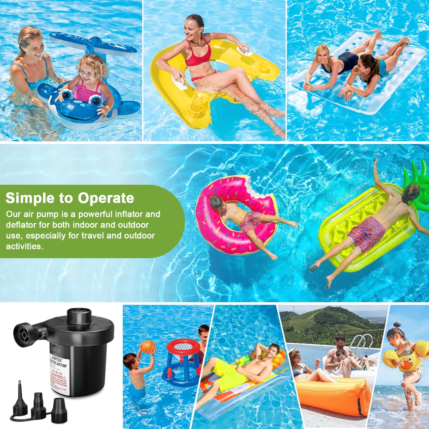 CAMULAND Air Pump, Portable Air Pump for Inflatable with 3 Nozzles, ETL Certification 12V Quick-Fill Inflator Air Pump for Air Mattress, Air Bed, Blow-Up Pool Toy Swimming Ring Car Adapter