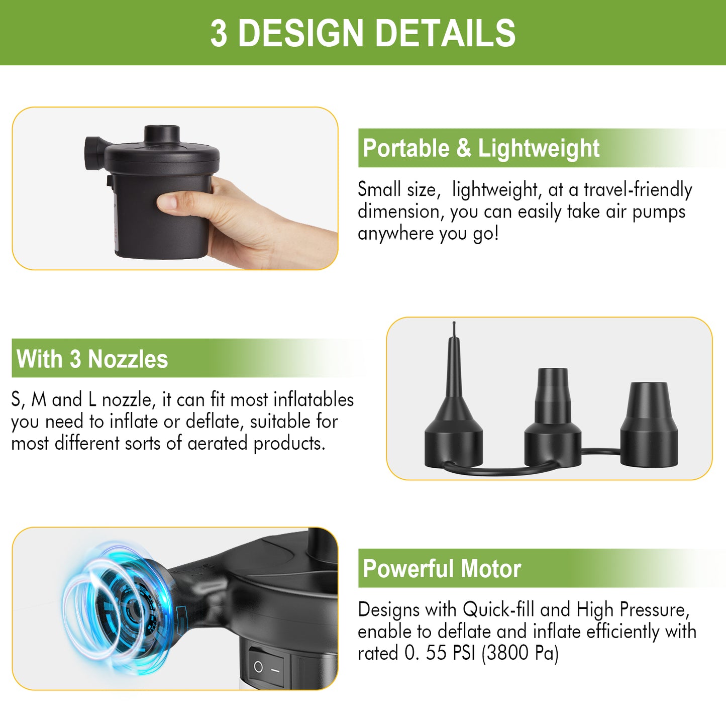CAMULAND Air Pump, Portable Air Pump for Inflatable with 3 Nozzles, ETL Certification 12V Quick-Fill Inflator Air Pump for Air Mattress, Air Bed, Blow-Up Pool Toy Swimming Ring Car Adapter