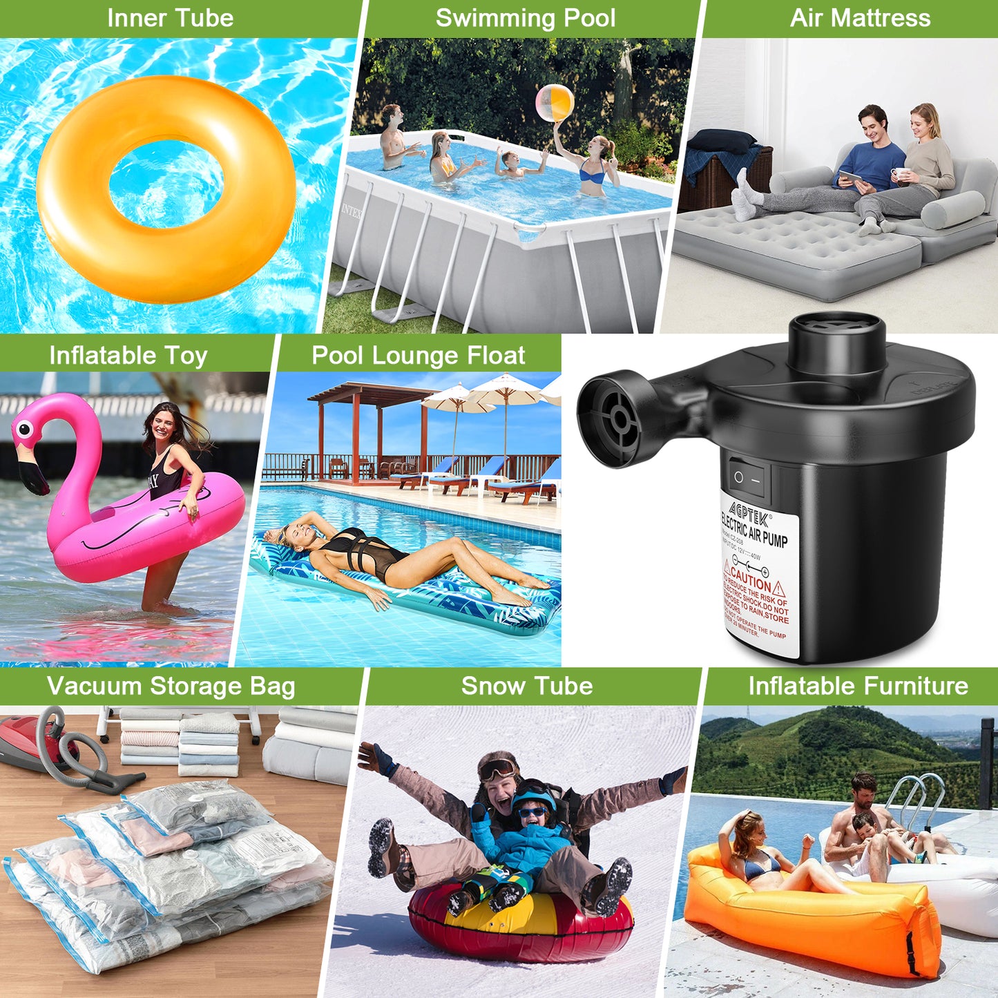 CAMULAND Air Pump, Portable Air Pump for Inflatable with 3 Nozzles, ETL Certification 12V Quick-Fill Inflator Air Pump for Air Mattress, Air Bed, Blow-Up Pool Toy Swimming Ring Car Adapter