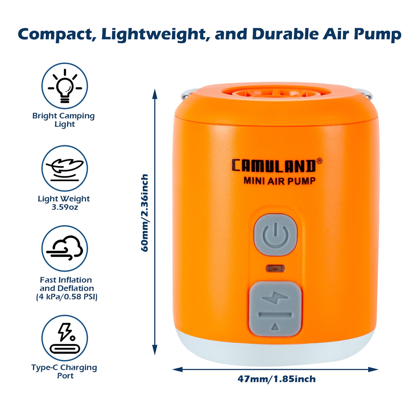 CAMULAND Mini Air Pump with Magnetic Design, 1400mAh Battery Tiny Rechargeable Electric Air Pump for Inflatables Camping Air Mattress, Pool Floats,Vacuum Storage Bag Inflator with LED Light