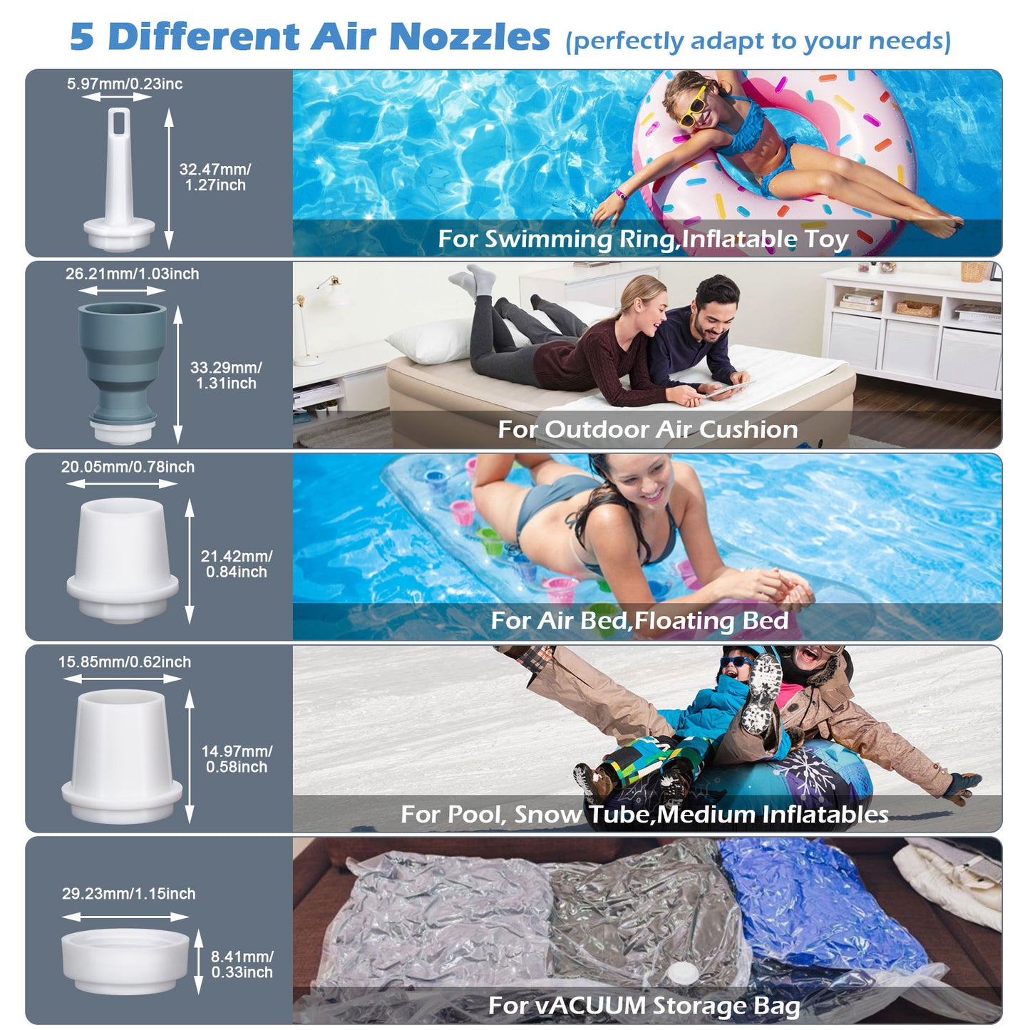 CAMULAND Mini Air Pump, Sleeping Pad Pump Portable Air Pump for Inflatable with 1300mAh Battery USB Rechargeable Camping Light 5 Nozzles for Air Mattress, Pool Floats,Vacuum Storage Bag