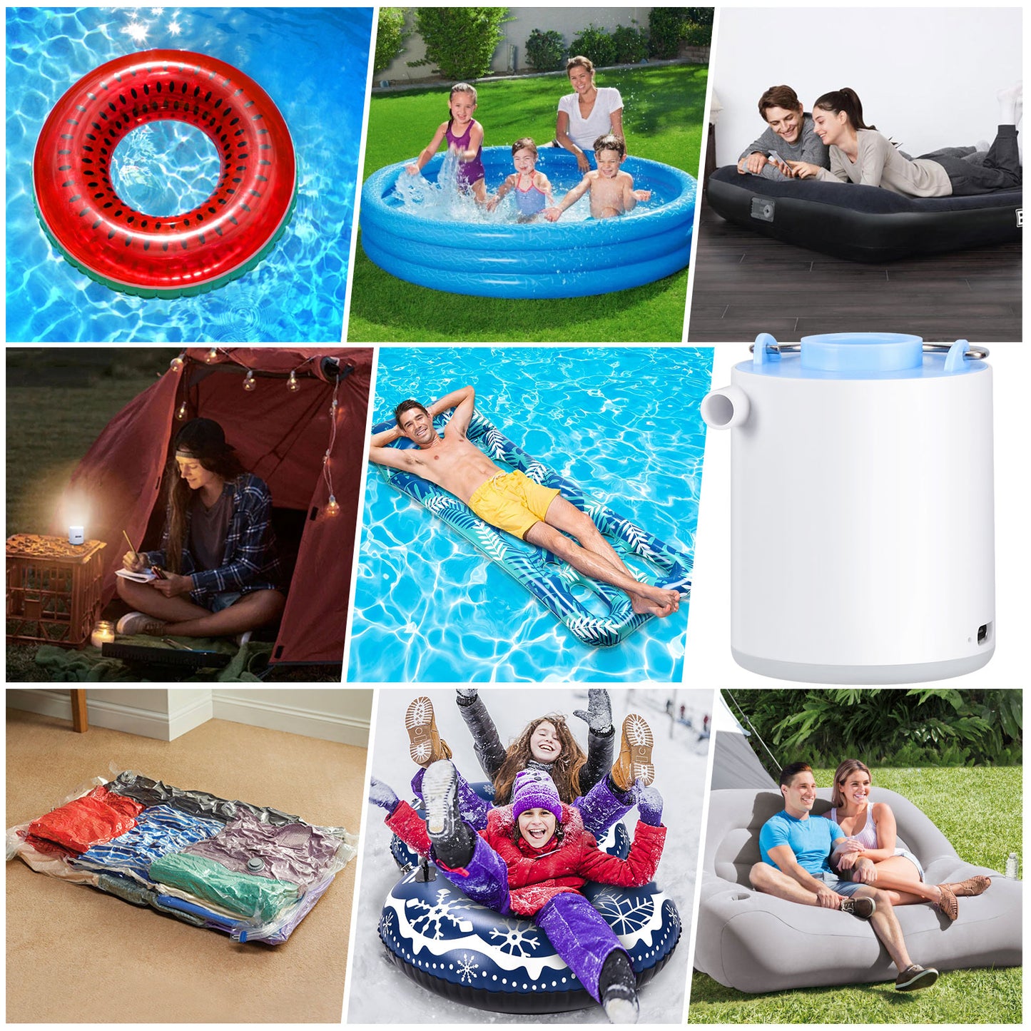 CAMULAND Mini Air Pump, Sleeping Pad Pump Portable Air Pump for Inflatable with 1300mAh Battery USB Rechargeable Camping Light 5 Nozzles for Air Mattress, Pool Floats,Vacuum Storage Bag