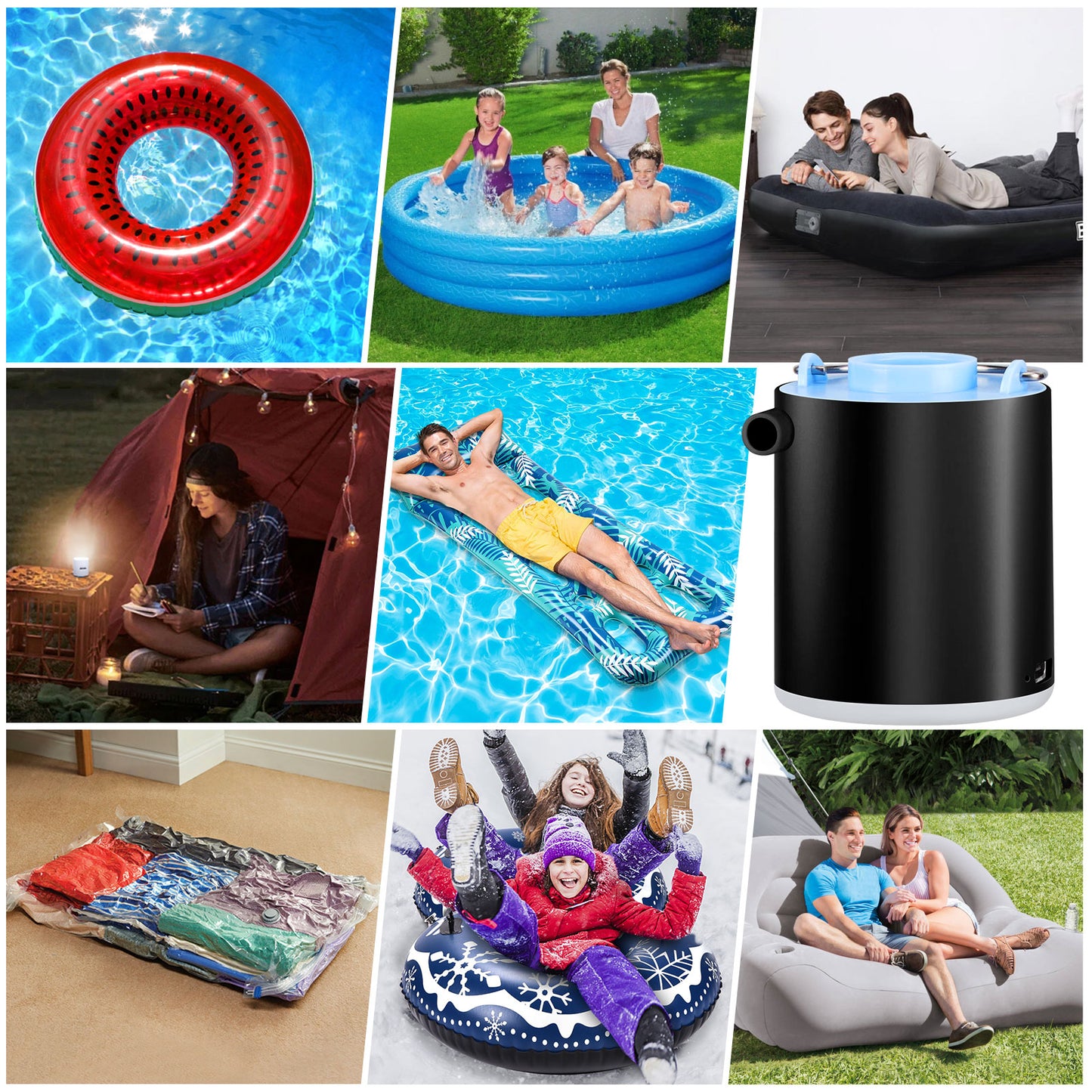 CAMULAND Mini Air Pump, Sleeping Pad Pump Portable Air Pump for Inflatable with 1300mAh Battery USB Rechargeable Camping Light 5 Nozzles for Air Mattress, Pool Floats,Vacuum Storage Bag (Black)