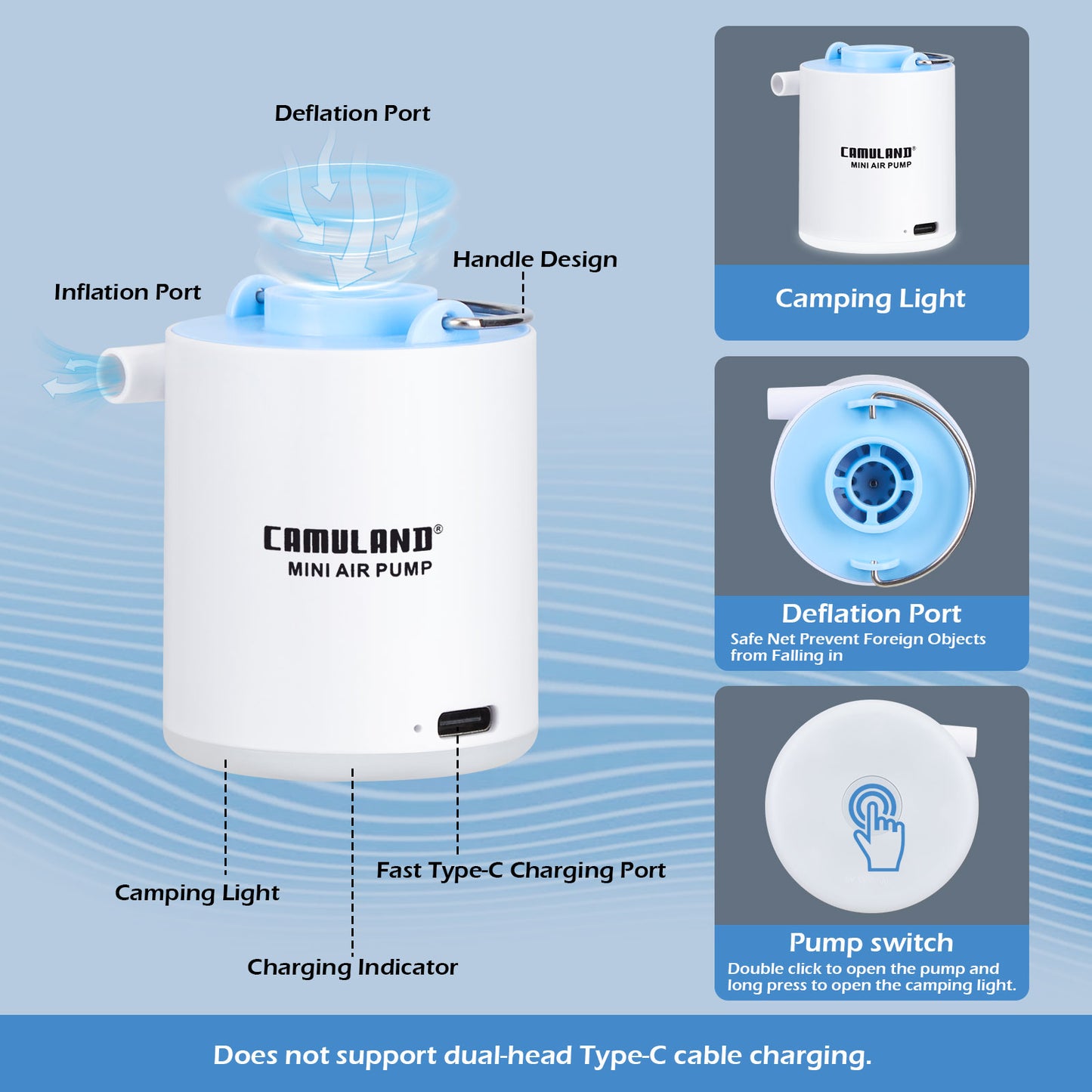 CAMULAND Mini Air Pump, Sleeping Pad Pump Portable Air Pump for Inflatable with 1300mAh Battery USB Rechargeable Camping Light 5 Nozzles for Air Mattress, Pool Floats,Vacuum Storage Bag