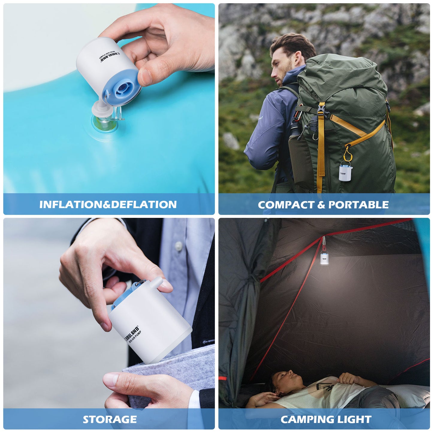 CAMULAND Mini Air Pump, Sleeping Pad Pump Portable Air Pump for Inflatable with 1300mAh Battery USB Rechargeable Camping Light 5 Nozzles for Air Mattress, Pool Floats,Vacuum Storage Bag