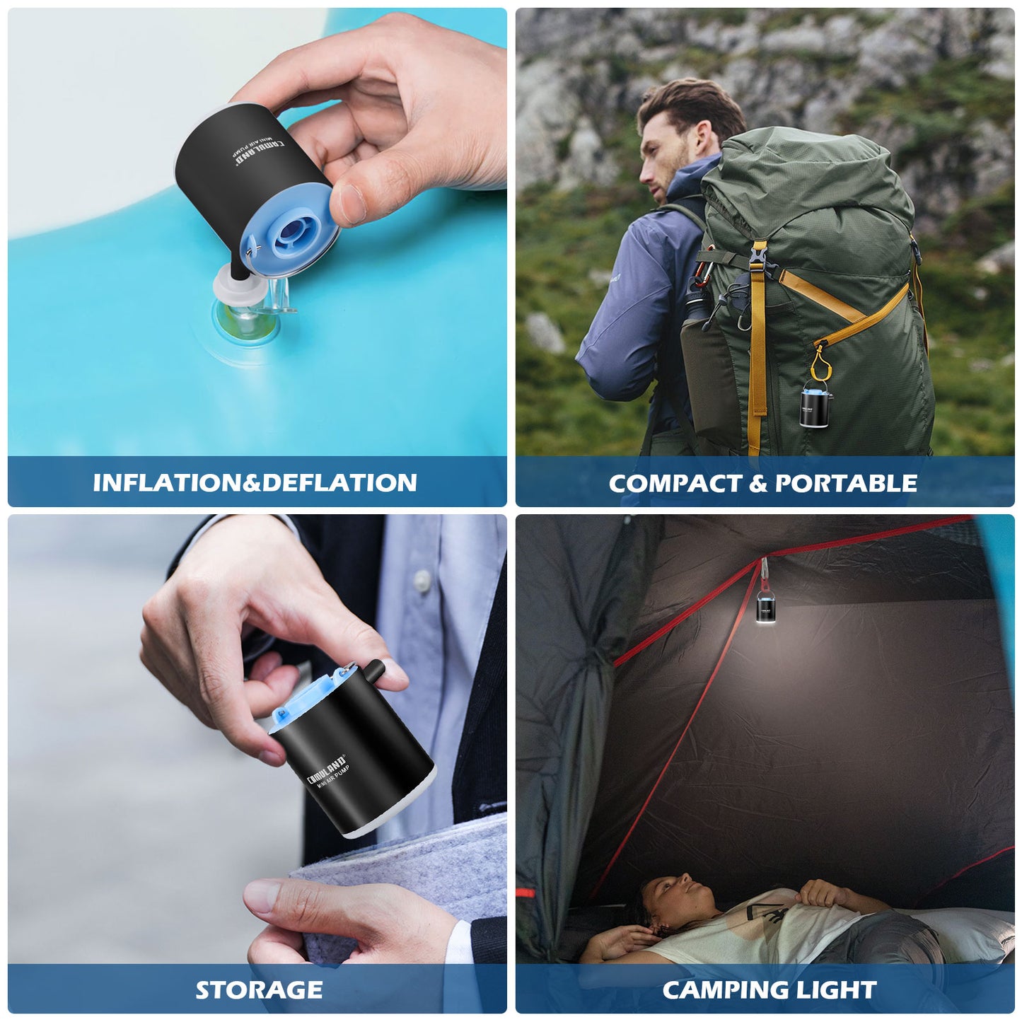 CAMULAND Mini Air Pump, Sleeping Pad Pump Portable Air Pump for Inflatable with 1300mAh Battery USB Rechargeable Camping Light 5 Nozzles for Air Mattress, Pool Floats,Vacuum Storage Bag (Black)