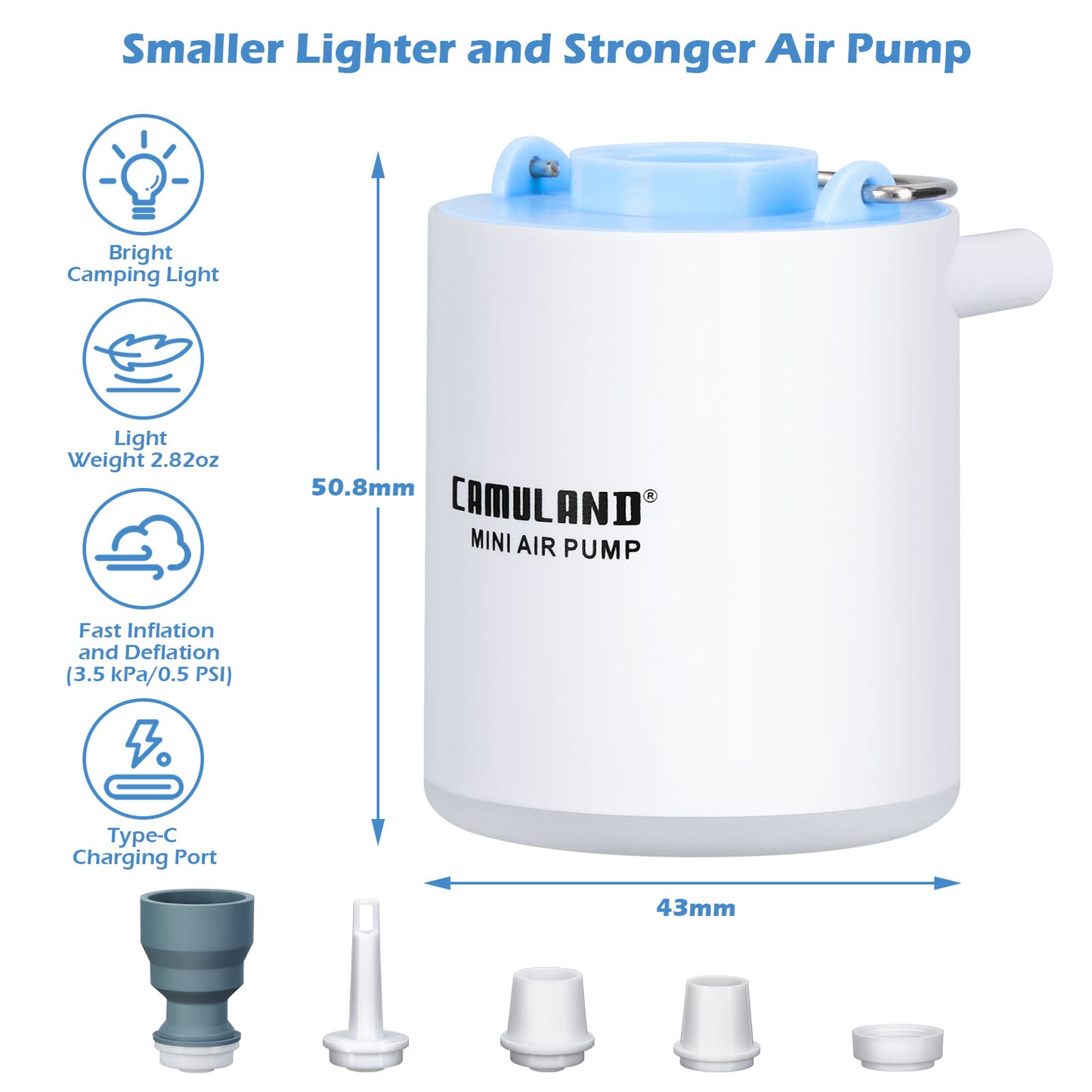 CAMULAND Mini Air Pump, Sleeping Pad Pump Portable Air Pump for Inflatable with 1300mAh Battery USB Rechargeable Camping Light 5 Nozzles for Air Mattress, Pool Floats,Vacuum Storage Bag