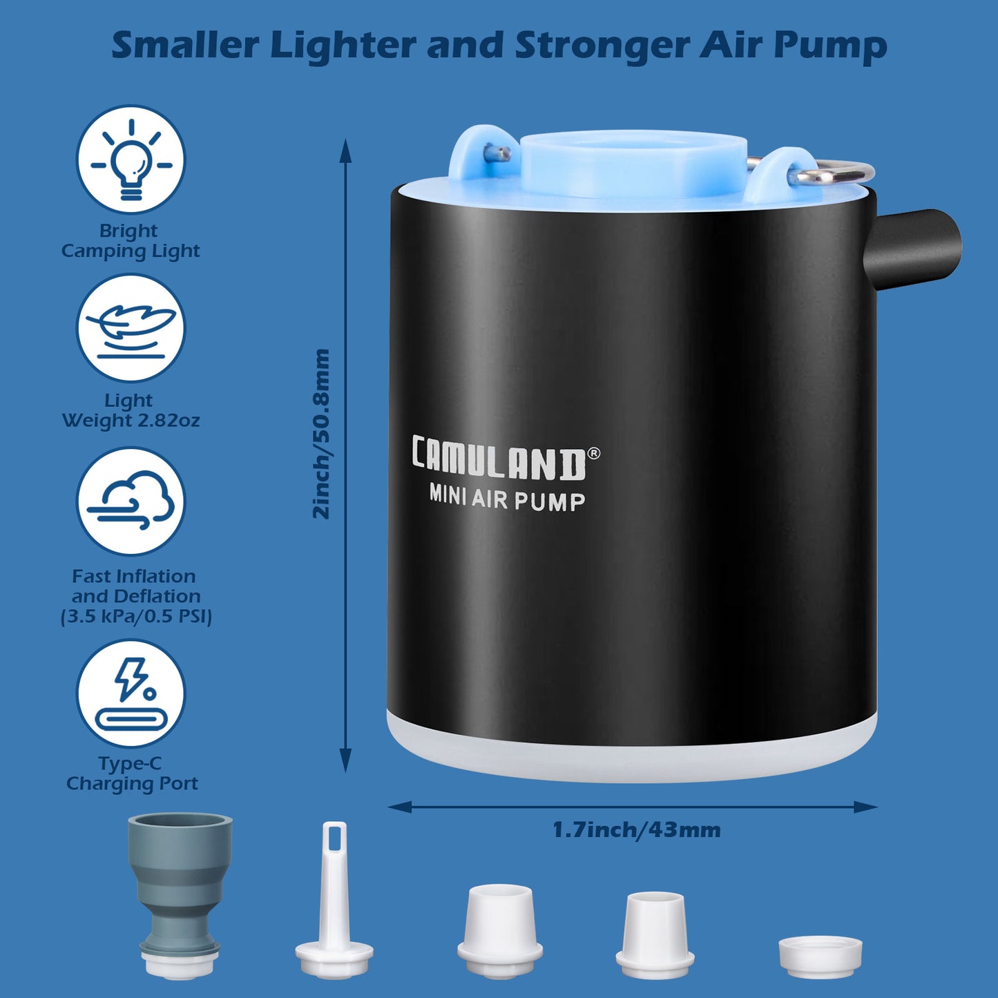 CAMULAND Mini Air Pump, Sleeping Pad Pump Portable Air Pump for Inflatable with 1300mAh Battery USB Rechargeable Camping Light 5 Nozzles for Air Mattress, Pool Floats,Vacuum Storage Bag (Black)