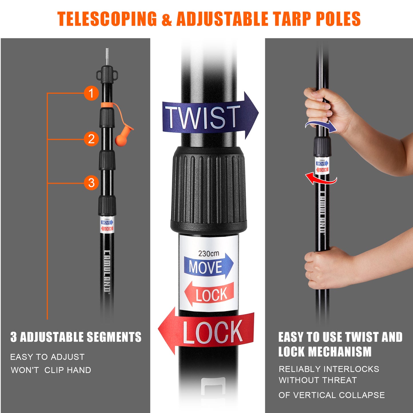 CAMULAND Tarp Poles, Set of 2, 31.1" - 90.6” Aluminum Tent Poles for Tarp Adjustable, Lightweight Portable Telescoping for Camping, Hiking, Hammock Awning/Outdoor Activities-4 Section