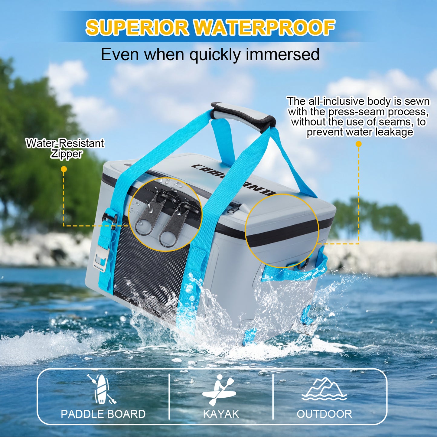 CAMULAND Waterproof Paddle Board Cooler Bag – 25L Insulated SUP Deck Bag with Bottle Opener, Detachable Compartments & Multiple Pockets, Holds 30 Cans, Perfect for Kayaking, Camping & Water Sports