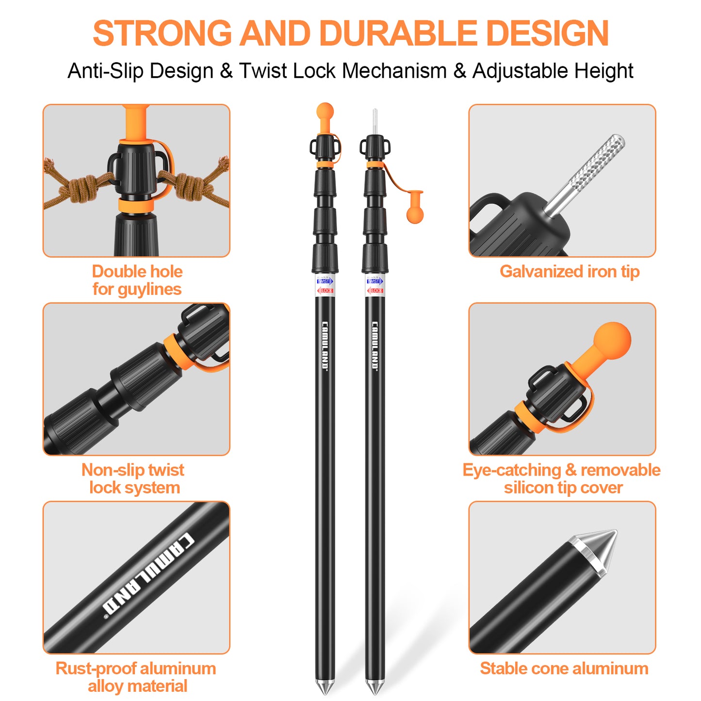 CAMULAND Tarp Poles, Adjustable Tent Poles with Non-Slip Cone Bottom, Telescoping Heavy Duty Tarp Poles Canopy Poles Aluminum