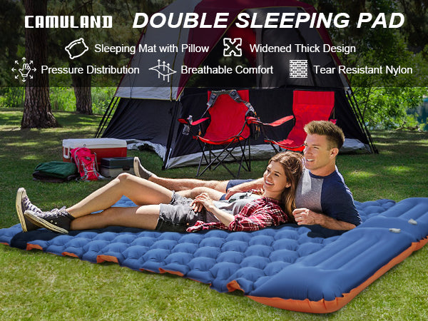 CAMULAND Camping Mattress 2 Person, Double Sleeping Pad for Camping Mat Inflatable Air Bed with Pillow Built-in Foot Pump Backpacking Hiking Traveling Gear Compact Self Inflating Visit the CAMULAND Store