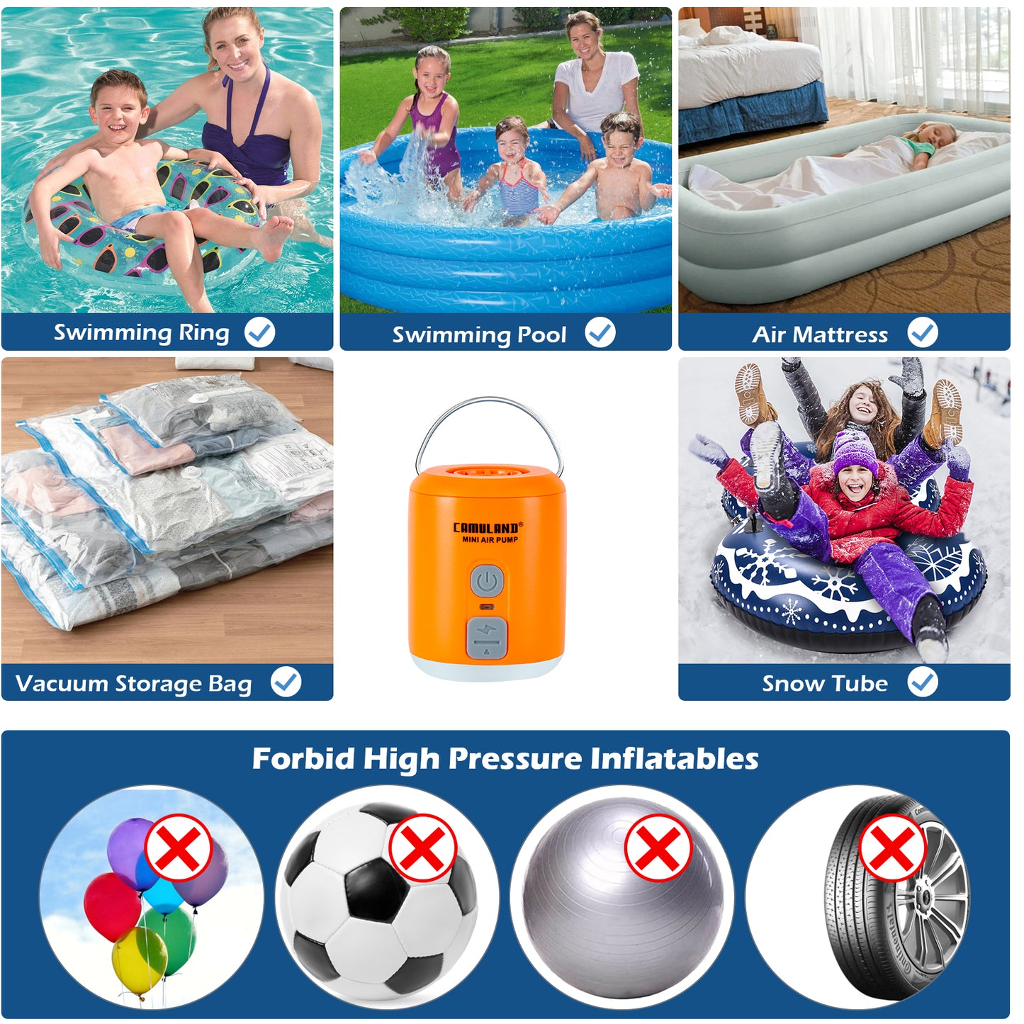 CAMULAND Mini Air Pump with Magnetic Design, 1400mAh Battery Tiny Rechargeable Electric Air Pump for Inflatables Camping Air Mattress, Pool Floats,Vacuum Storage Bag Inflator with LED Light