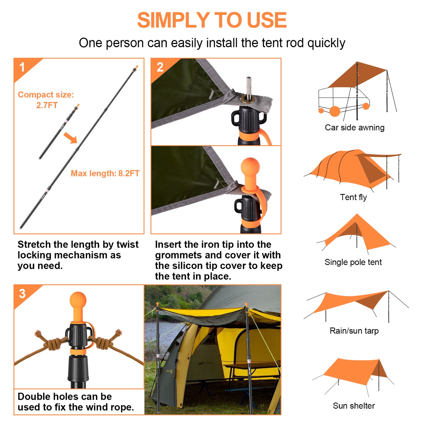 CAMULAND Tarp Poles, Adjustable Tent Poles with Non-Slip Cone Bottom, Telescoping Heavy Duty Tarp Poles Canopy Poles Aluminum