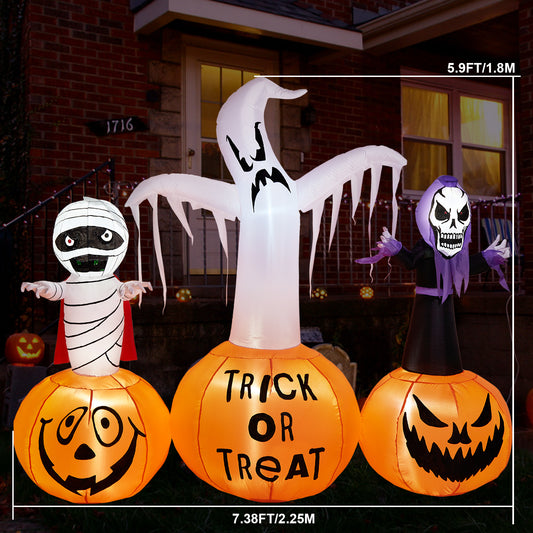 5.9FT Halloween Inflatable Decorations, CAMULAND Halloween Inflatable Built-in LED Pumpkin Lights Blow Up Yard Decoration with Mummy, White Ghost and Death, Ideal for Garden, Yards and Lawns