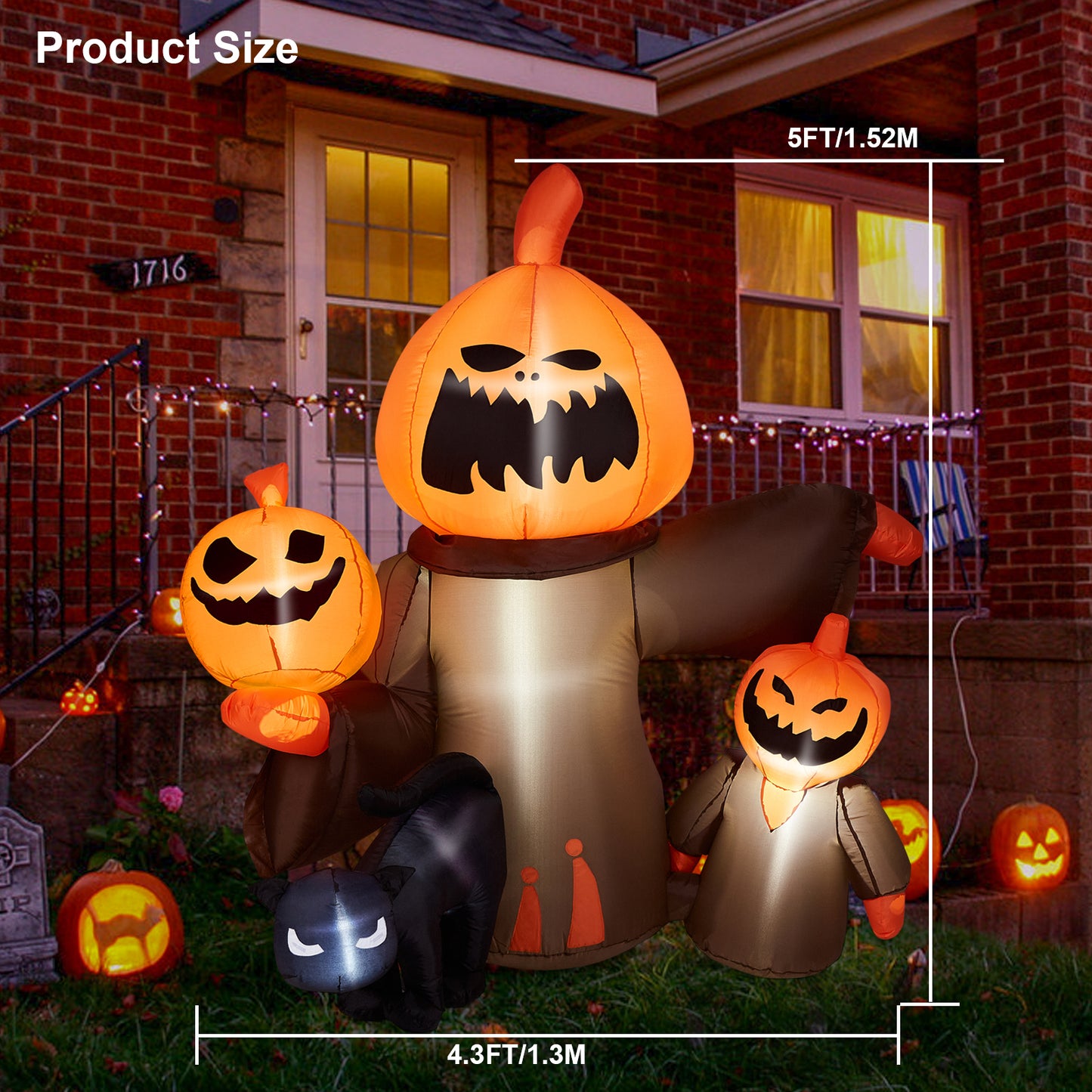 4.9 FT Pumpkin Decor, CAMULAND Halloween Inflatable Pumpkin Outdoor Decorations Ghost Goosh Blow Up Black Cat Yard Decorating for Home Outdoor Indoor Party