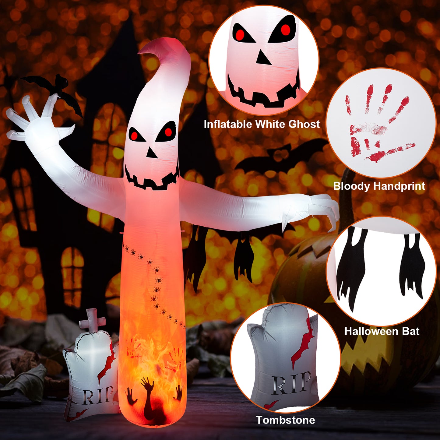 8FT Halloween Inflatables Outdoor Decorations, CAMULAND Large Ghost Decor with Built-in LED Lights for Yard Outside Indoor Party Archway Lawn Scary Blow Up Décor Haloween
