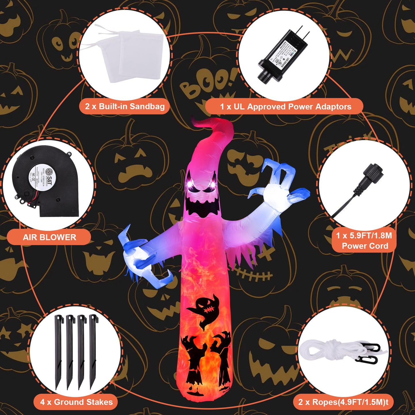 Halloween Inflatable Ghost, CAMULAND 8 FT Halloween White Ghost Inflatable Outdoor Decoration with Built-in Color Changing LED Lights, Great for Backyards, Gardens and Lawns