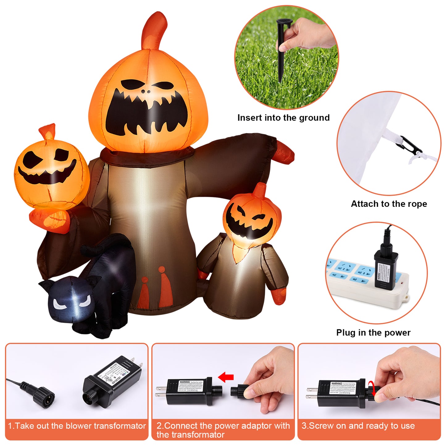 4.9 FT Pumpkin Decor, CAMULAND Halloween Inflatable Pumpkin Outdoor Decorations Ghost Goosh Blow Up Black Cat Yard Decorating for Home Outdoor Indoor Party