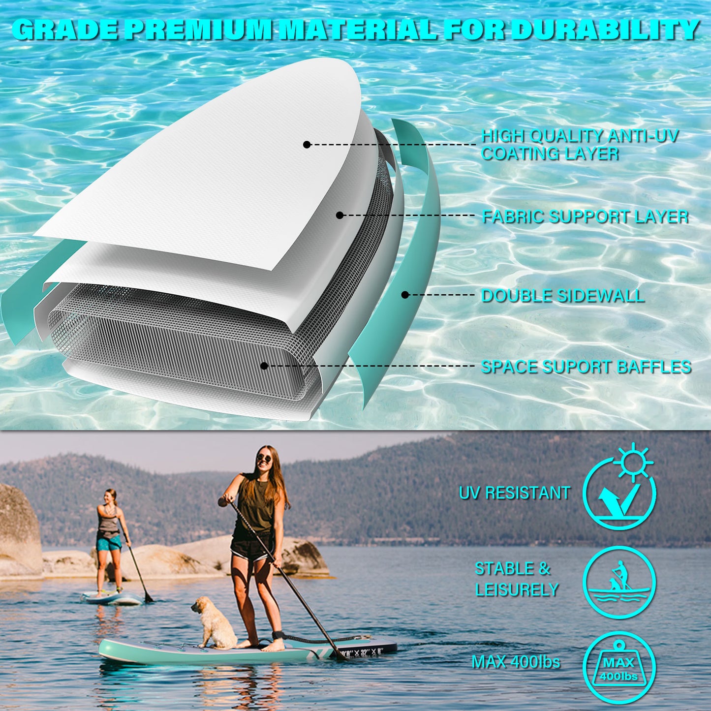 Inflatable Paddle Board for Adults with Premium SUP Accessories and Backpack, Adjustable Paddle and Removable Fin
