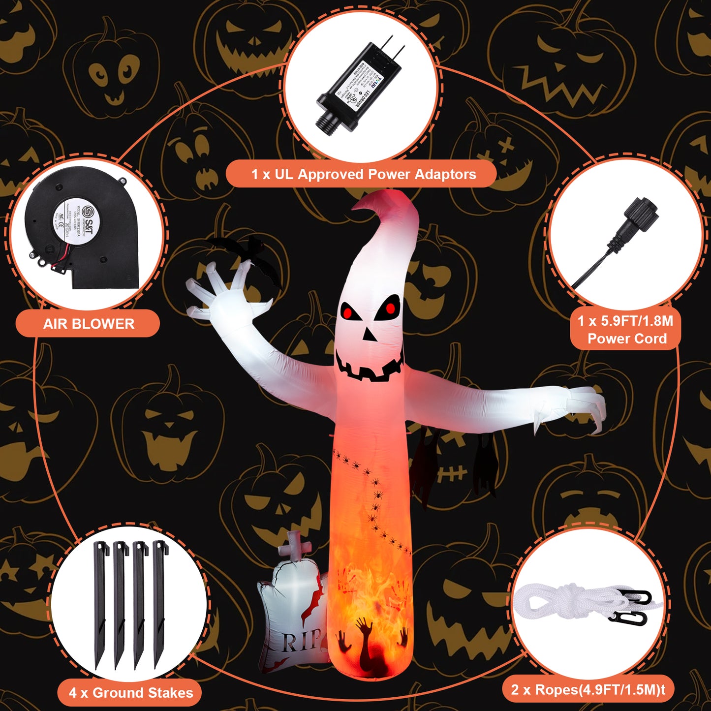 8FT Halloween Inflatables Outdoor Decorations, CAMULAND Large Ghost Decor with Built-in LED Lights for Yard Outside Indoor Party Archway Lawn Scary Blow Up Décor Haloween