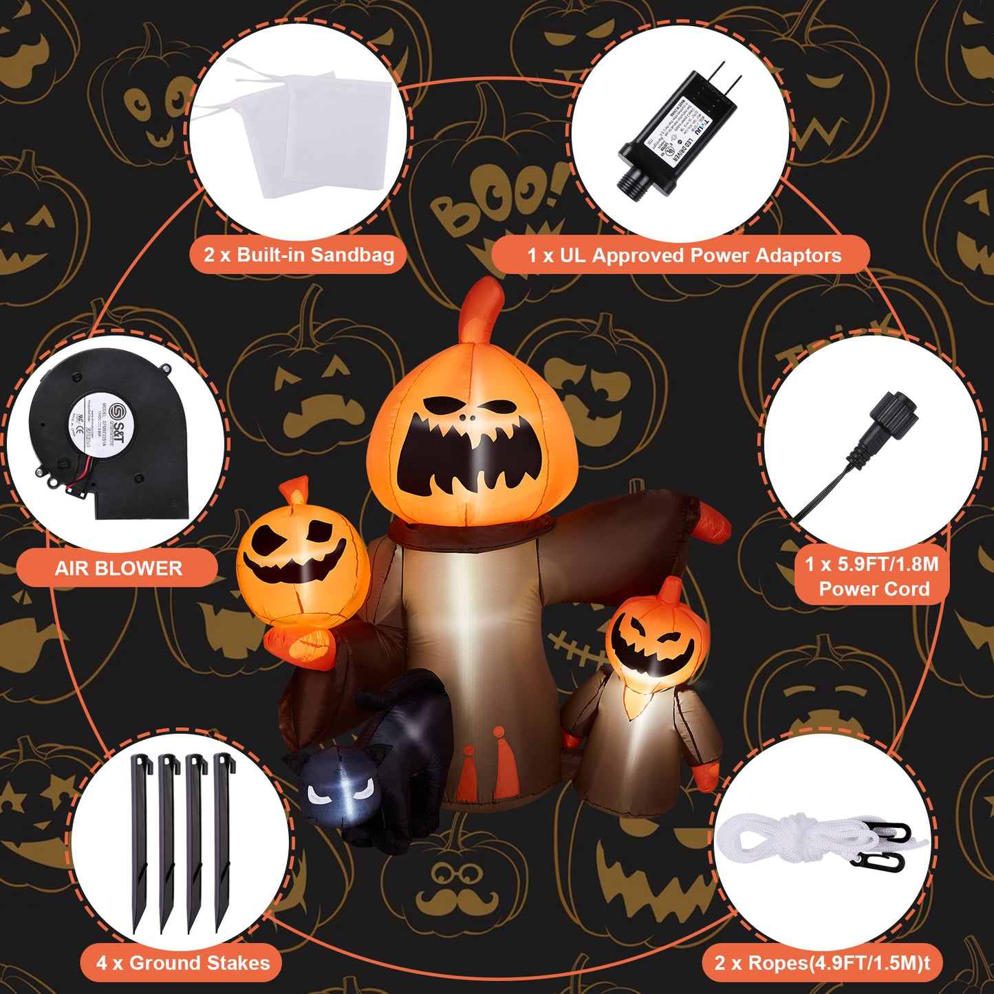 4.9 FT Pumpkin Decor, CAMULAND Halloween Inflatable Pumpkin Outdoor Decorations Ghost Goosh Blow Up Black Cat Yard Decorating for Home Outdoor Indoor Party