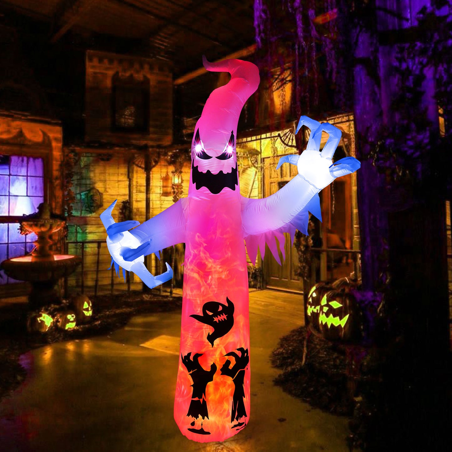 Halloween Inflatable Ghost, CAMULAND 8 FT Halloween White Ghost Inflatable Outdoor Decoration with Built-in Color Changing LED Lights, Great for Backyards, Gardens and Lawns