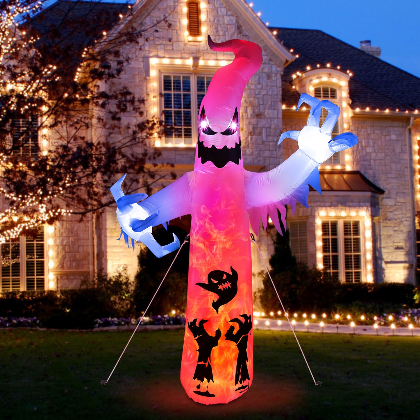 Halloween Inflatable Ghost, CAMULAND 8 FT Halloween White Ghost Inflatable Outdoor Decoration with Built-in Color Changing LED Lights, Great for Backyards, Gardens and Lawns