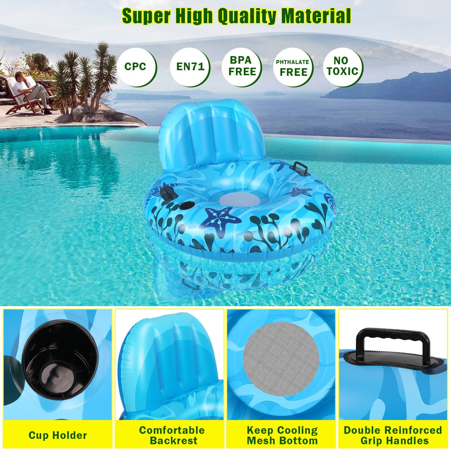CAMULAND Inflatable Lounger Pool Float with a Rubber Handle and a Drink Holder