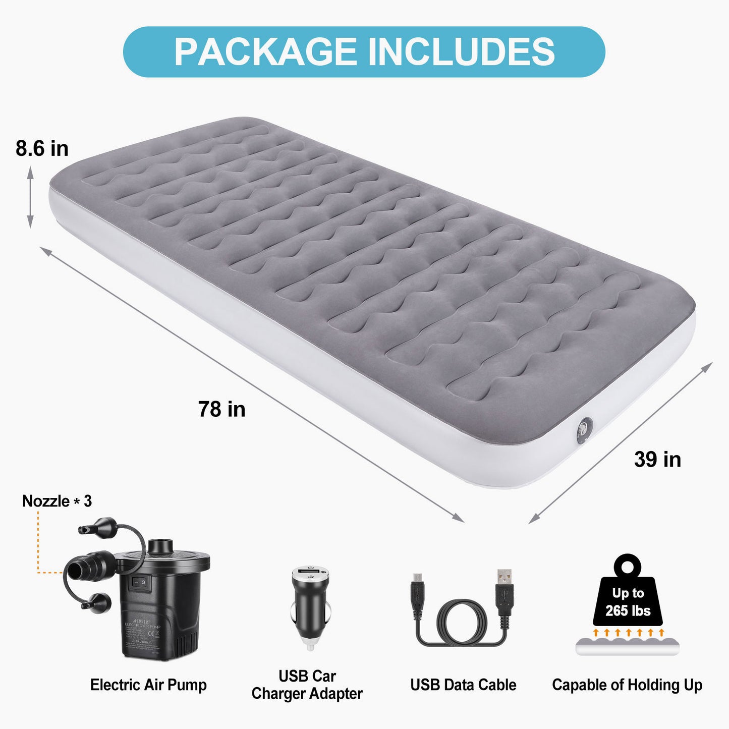 Air Mattress, Camping Lightweight Inflatable Bed with Electric Air Pump for Home, Travel, RV Tent and SUV Truck