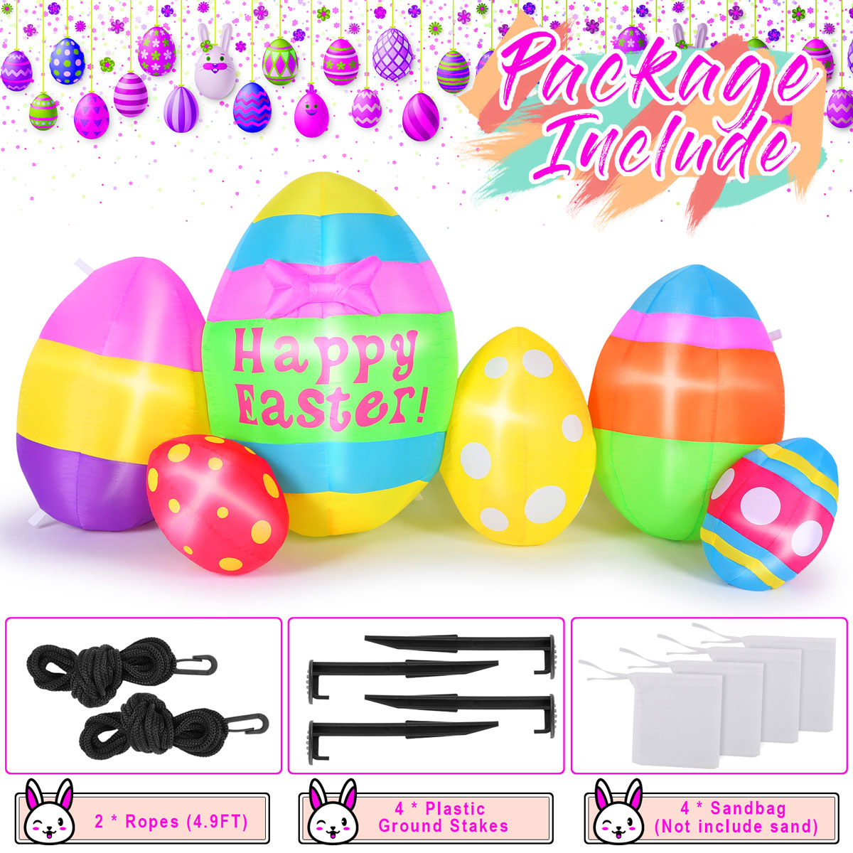 Easter Eggs Decor with Built-in LED Lights, Easter Inflatable Outdoor Decorations for Lawn, Yard, Garden and Party