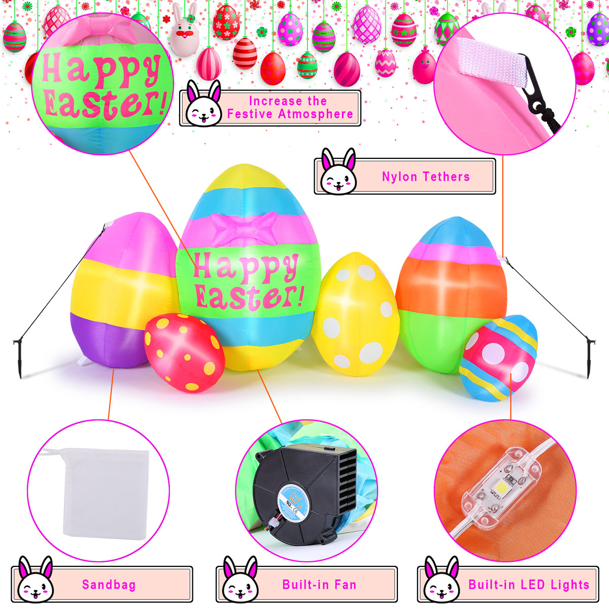 Easter Eggs Decor with Built-in LED Lights, Easter Inflatable Outdoor Decorations for Lawn, Yard, Garden and Party
