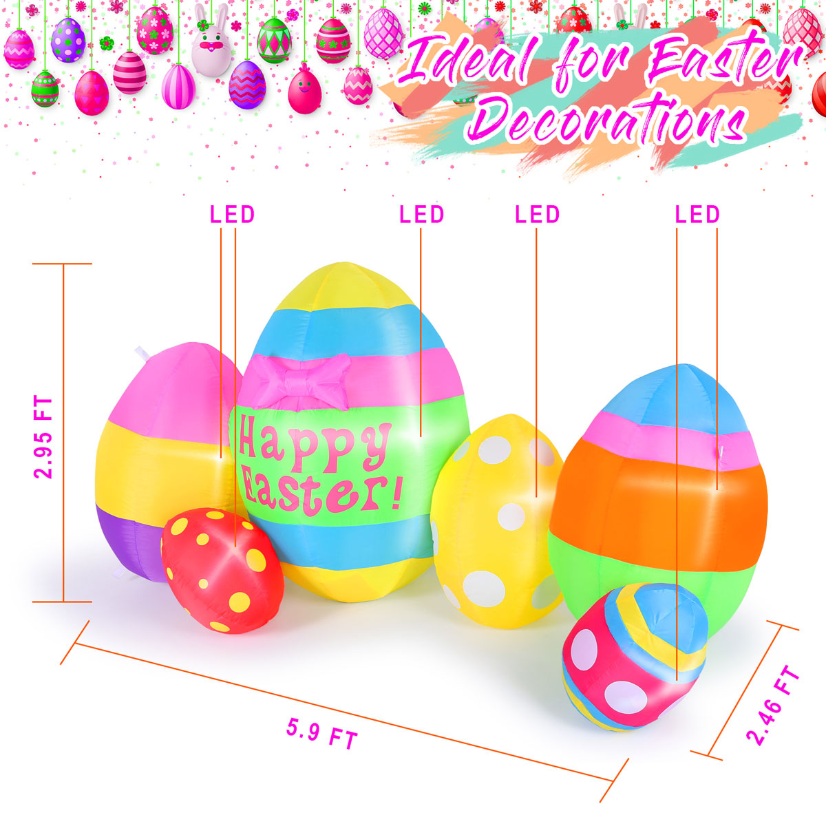 Easter Eggs Decor with Built-in LED Lights, Easter Inflatable Outdoor Decorations for Lawn, Yard, Garden and Party