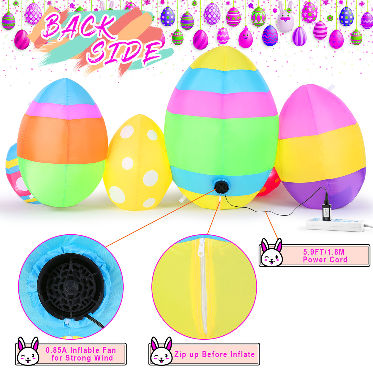 Easter Eggs Decor with Built-in LED Lights, Easter Inflatable Outdoor Decorations for Lawn, Yard, Garden and Party