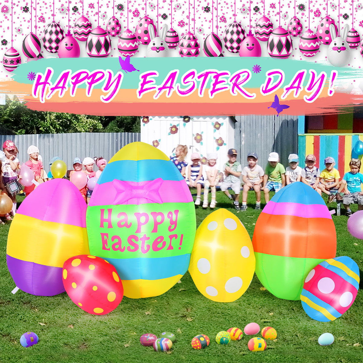 Easter Eggs Decor with Built-in LED Lights, Easter Inflatable Outdoor Decorations for Lawn, Yard, Garden and Party