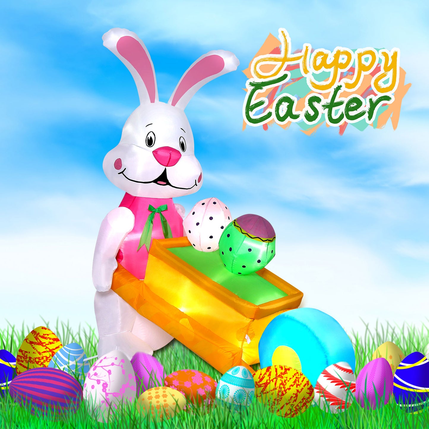 5.9FT Inflatable Easter Bunny Pushing Wheelbarrow with Eggs and Built-in LED lights, Easter Bunny Outdoor Decorations for Lawn, Yard and Garden Decor