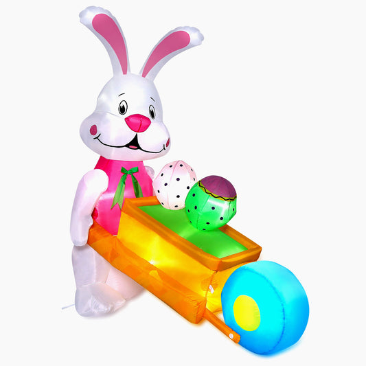 5.9FT Inflatable Easter Bunny Pushing Wheelbarrow with Eggs and Built-in LED lights, Easter Bunny Outdoor Decorations for Lawn, Yard and Garden Decor