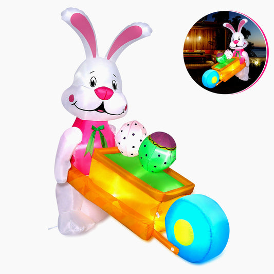 5.9FT Inflatable Easter Bunny Pushing Wheelbarrow with Eggs and Built-in LED lights, Easter Bunny Outdoor Decorations for Lawn, Yard and Garden Decor