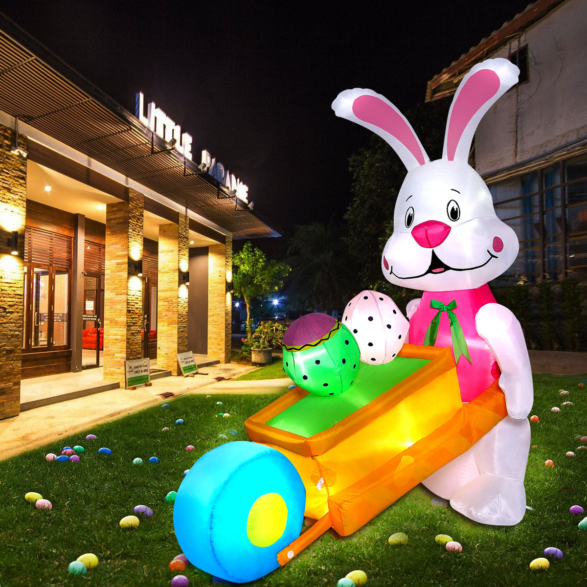 5.9FT Inflatable Easter Bunny Pushing Wheelbarrow with Eggs and Built-in LED lights, Easter Bunny Outdoor Decorations for Lawn, Yard and Garden Decor
