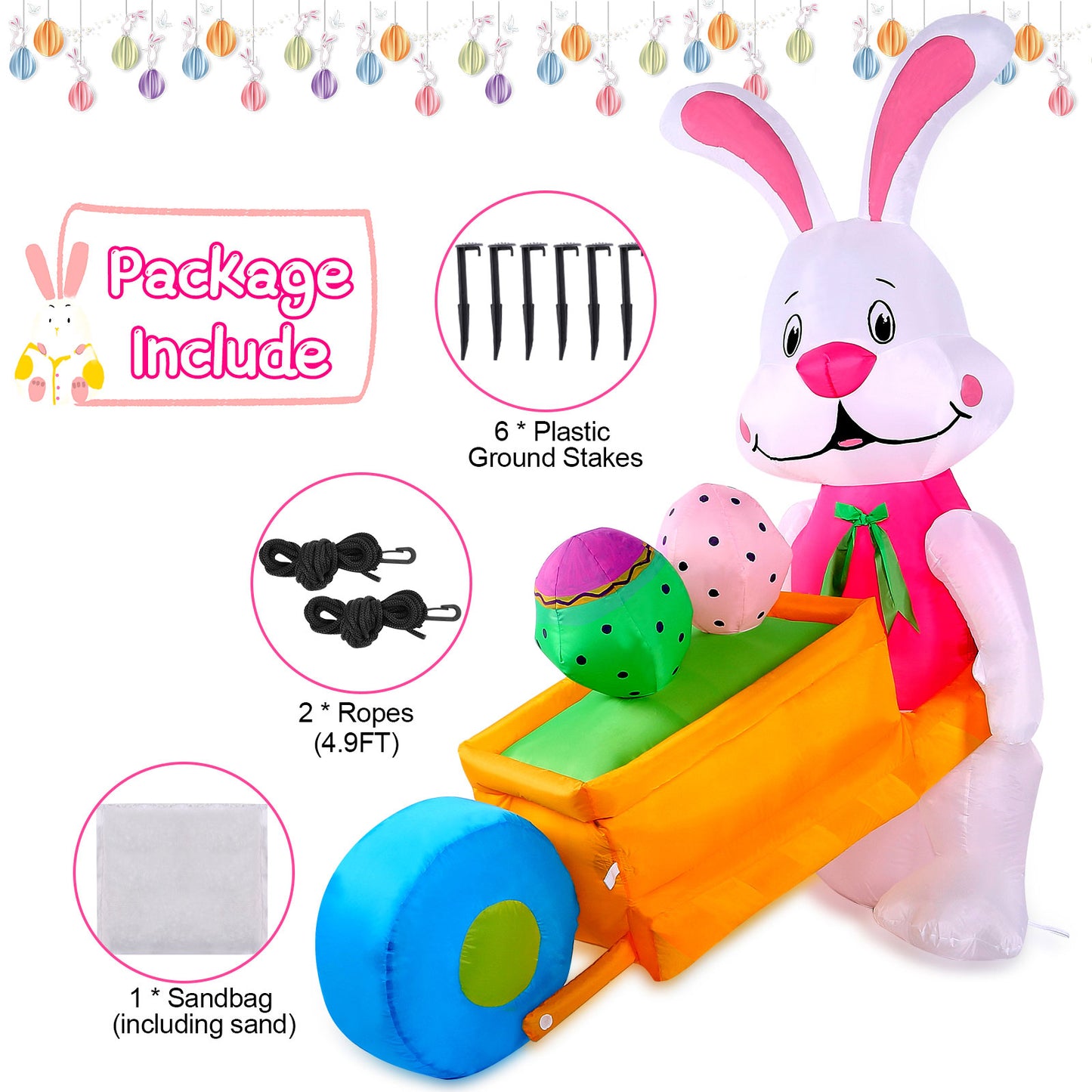 5.9FT Inflatable Easter Bunny Pushing Wheelbarrow with Eggs and Built-in LED lights, Easter Bunny Outdoor Decorations for Lawn, Yard and Garden Decor