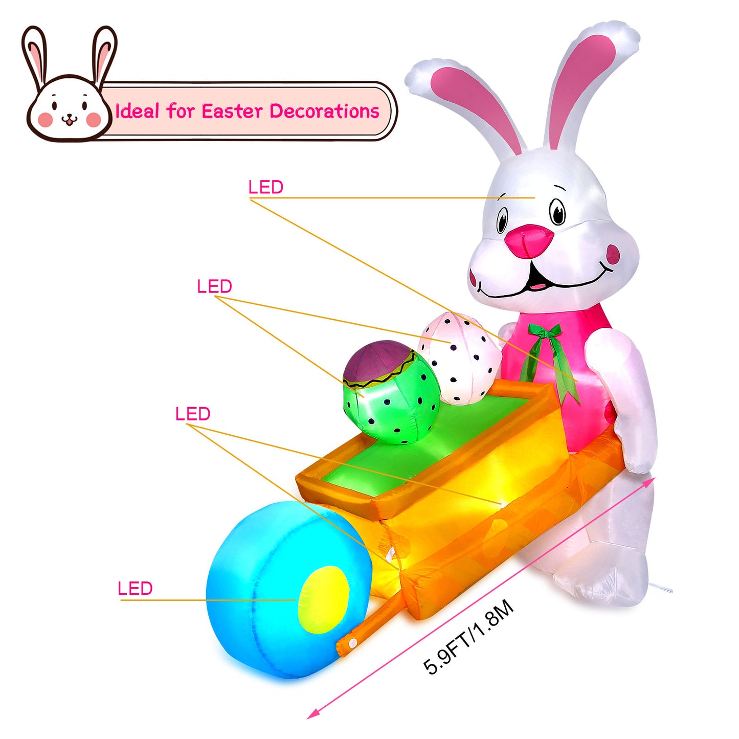 5.9FT Inflatable Easter Bunny Pushing Wheelbarrow with Eggs and Built-in LED lights, Easter Bunny Outdoor Decorations for Lawn, Yard and Garden Decor