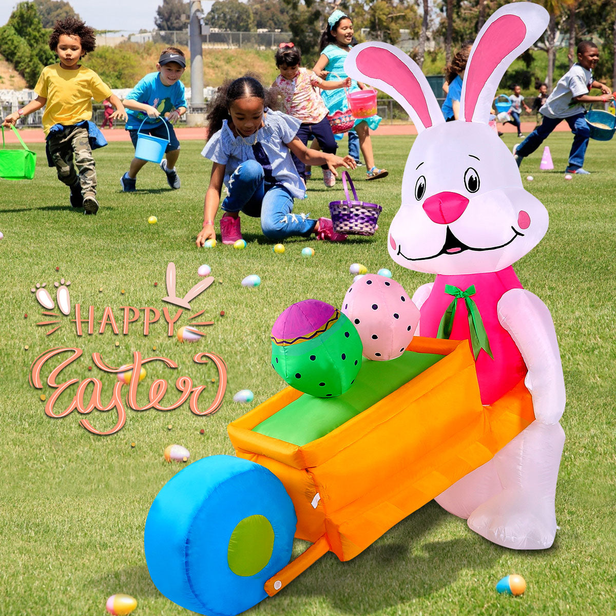 5.9FT Inflatable Easter Bunny Pushing Wheelbarrow with Eggs and Built-in LED lights, Easter Bunny Outdoor Decorations for Lawn, Yard and Garden Decor