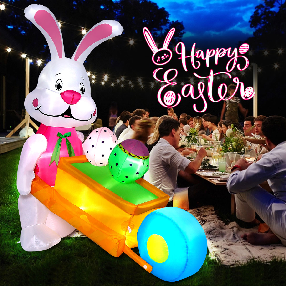 5.9FT Inflatable Easter Bunny Pushing Wheelbarrow with Eggs and Built-in LED lights, Easter Bunny Outdoor Decorations for Lawn, Yard and Garden Decor
