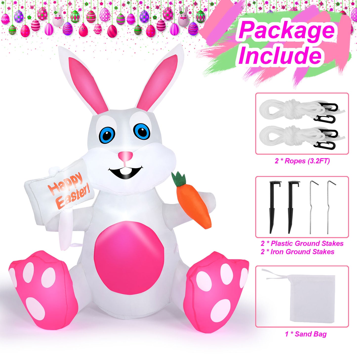 4FT Inflatable Easter Bunny with Built-in LED lights, Easter Bunny Inflatable Outdoor Decorations for Lawn, Yard and Garden Decor