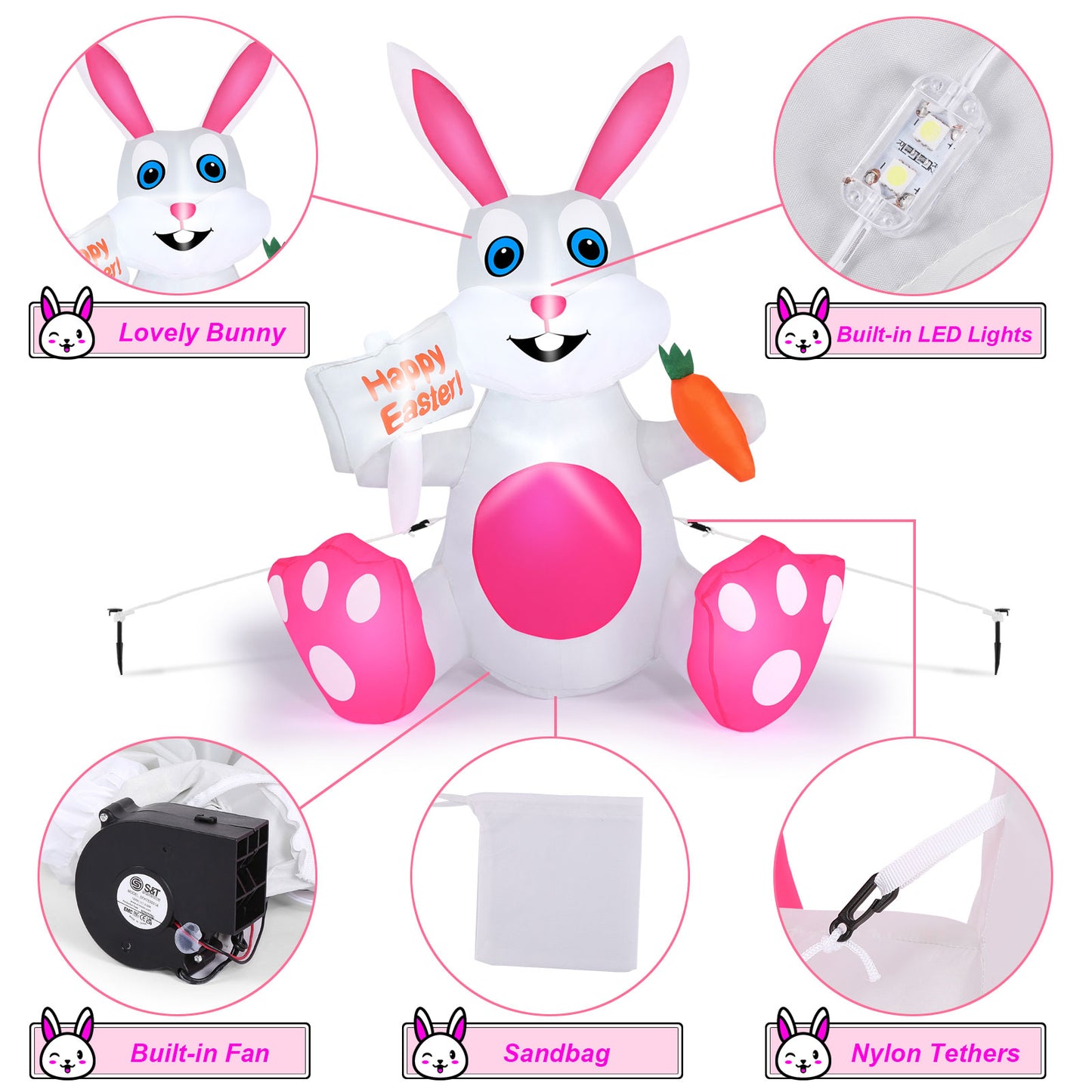 4FT Inflatable Easter Bunny with Built-in LED lights, Easter Bunny Inflatable Outdoor Decorations for Lawn, Yard and Garden Decor
