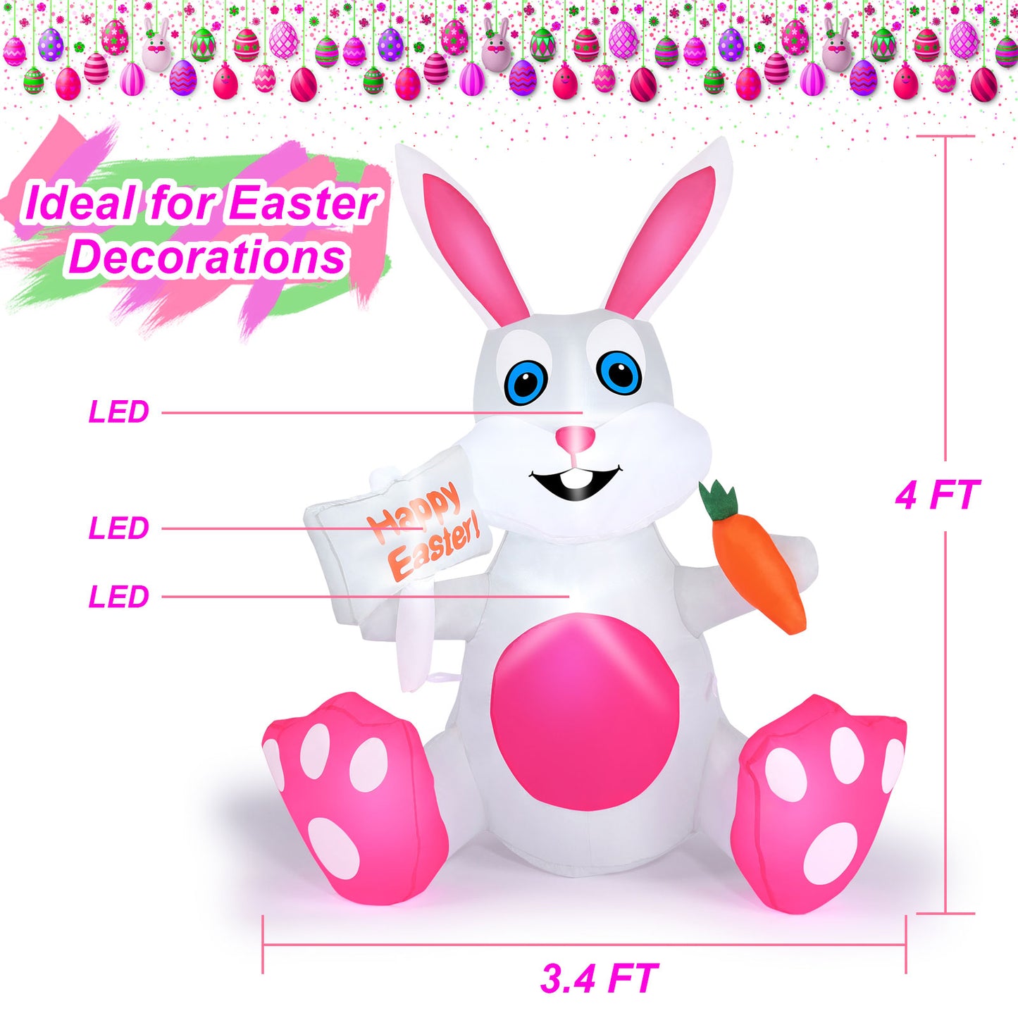 4FT Inflatable Easter Bunny with Built-in LED lights, Easter Bunny Inflatable Outdoor Decorations for Lawn, Yard and Garden Decor